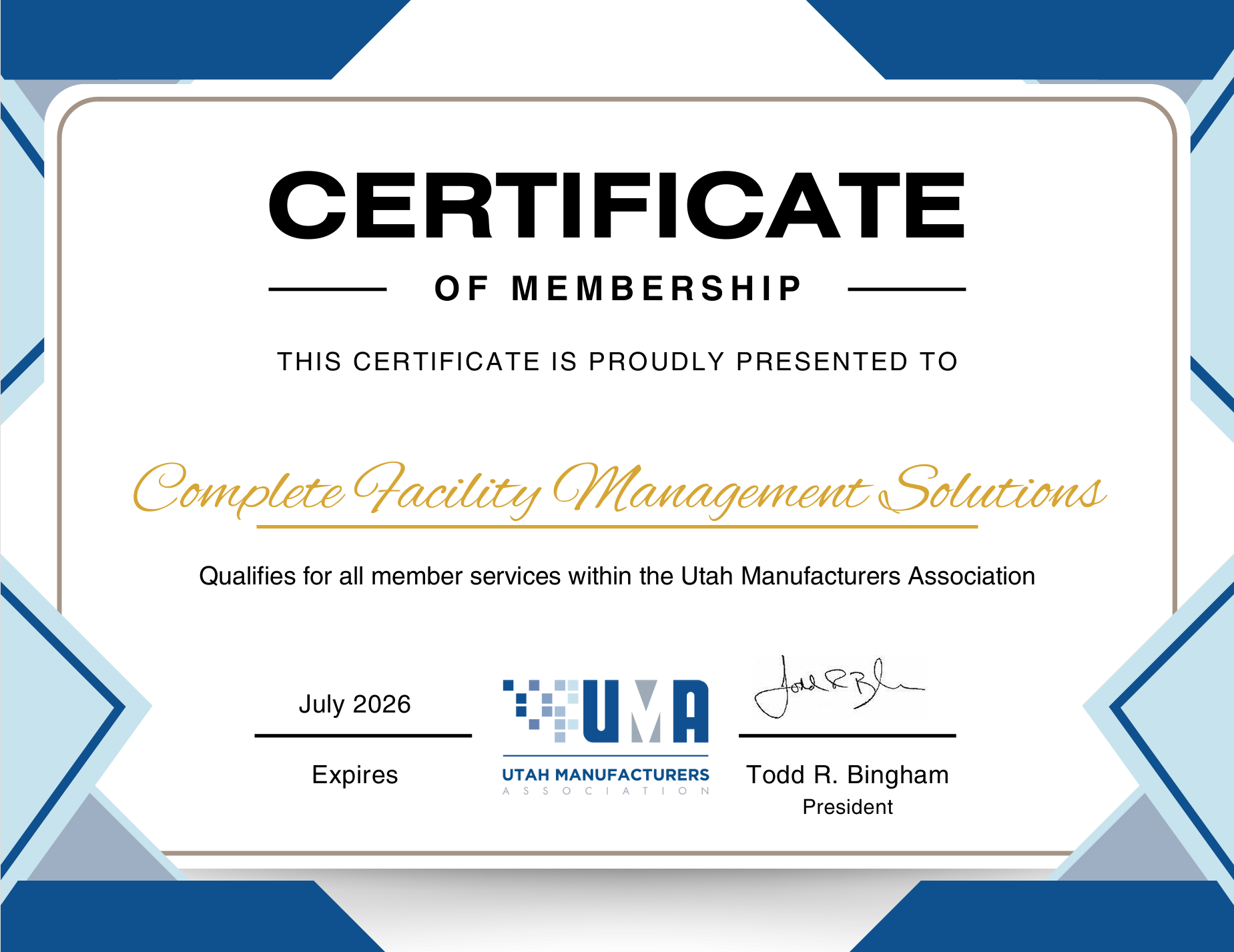 Complete Facility Management Solutions Utah Manufacturing Association Certificate of Membership